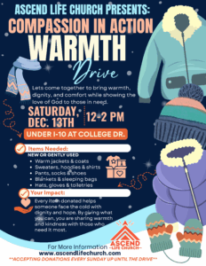 Ascend Life Church Compassion in Action Warmth Drive Flyer